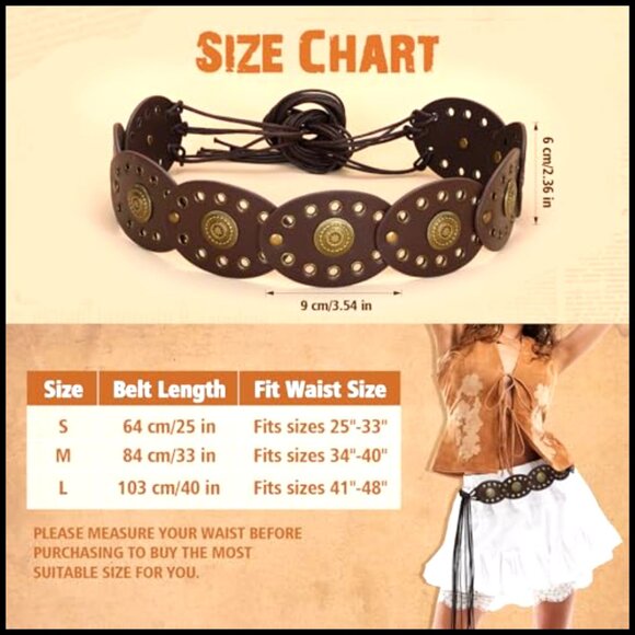 Vintage Western Boho Disc Belt Adjustable Faux Leather Concho Waist Belt